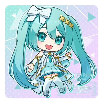 Rule 34 | 1girl, aqua eyes, aqua hair, aqua nails, aqua skirt, blush, bow, chibi, commentary request, dress, full body, gold trim, hair between eyes, hair bow, hair ornament, hatsune miku, highres, hiramado miku, kowareta sekai to utaenai miku, long hair, long sleeves, official alternate costume, official alternate hairstyle, open mouth, peron (niki2ki884), pleated skirt, project sekai, skirt, sleeveless, sleeveless dress, smile, solo, spoilers, thighhighs, twintails, very long hair, vocaloid, watermark, white bow, white thighhighs, x hair ornament