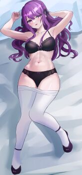 Rule 34 | 1girl, absurdres, arm behind head, black bra, black panties, black ribbon, black shoes, bra, braid, breasts, cleavage, collarbone, commission, esteban (estebaneishon), hair ribbon, highres, indie virtual youtuber, lying, medium breasts, navel, on back, otsuka ray, panties, pantyhose, parted lips, pillow, purple eyes, purple hair, ribbon, shoes, solo, thigh gap, underwear, virtual youtuber, white pantyhose