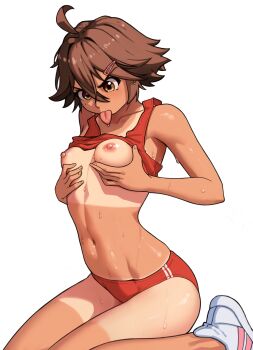 1girl absurdres ahoge breasts brown_hair clothes_lift commentary english_commentary grabbing_own_breast hair_ornament hairclip highres kneeling kyoko_(madaotheory) madaotheory mole mole_on_breast navel nipples original saliva shoes short_hair small_breasts solo sports_bra sports_bra_lift sweat tan tanline tongue tongue_out white_shoes