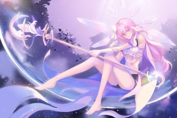 1girl bare_legs barefoot berrysoooda black_shorts breasts commentary corset crystal_shards diamond-shaped_pupils diamond_(shape) elysia_(herrscher_of_human:_ego)_(honkai_impact) elysia_(honkai_impact) feet floating highres holding holding_staff honkai_(series) honkai_impact_3rd long_hair medium_breasts multicolored_hair pink_hair purple_eyes shorts solo staff symbol-only_commentary symbol-shaped_pupils toes two-tone_hair very_long_hair white_corset white_hair