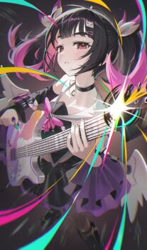 1girl absurdres bare_shoulders black_boots black_choker black_hair black_nails black_shirt black_skirt blush boots bow chama_(chacoc0) chest_bow choker colored_inner_hair commentary detached_sleeves electric_guitar guitar hair_ornament hairclip highres holding holding_guitar holding_instrument holding_plectrum instrument looking_at_viewer multicolored_hair nangong_yu nangong_yu_(rhapsody's_muse) official_alternate_costume parted_lips pink_bow plectrum red_eyes shirt short_twintails skirt solo twintails untranslatable_commentary white_wings wings zenless_zone_zero