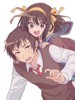 Rule 34 | 1boy, 1girl, :d, blue sailor collar, blue skirt, brown cardigan, brown eyes, brown hair, brown sweater vest, cardigan, carrying, collared shirt, commentary request, hair ribbon, hairband, hands on another's shoulders, highres, kita high school uniform, kyon, long sleeves, looking at viewer, medium hair, necktie, open mouth, piggyback, red necktie, ribbon, sailor collar, school uniform, serafuku, shirt, short hair, skirt, smile, suzumiya haruhi, suzumiya haruhi no yuuutsu, sweater vest, taiki (6240taiki), teeth, tongue, upper teeth only, white shirt, winter uniform, yellow hairband, yellow ribbon