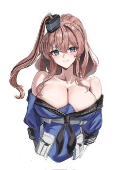 1girl bare_shoulders black_gloves black_neckerchief blue_eyes blue_shirt blush breasts brown_hair cleavage cosplay dimos_(dawn_1945) gloves hair_between_eyes high_side_ponytail highres johnston_(kancolle) johnston_(kancolle)_(cosplay) kantai_collection large_breasts long_hair looking_at_viewer neckerchief off_shoulder ponytail saratoga_(kancolle) saratoga_mk_ii_(kancolle) shirt simple_background single_glove smile smokestack_hair_ornament solo upper_body white_background