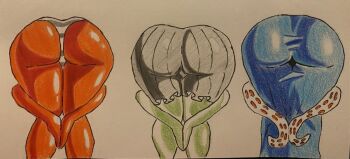 3girls ass dress marina_(omori) medusa_(omori) molly_(omori) monster_girl multiple_girls obi_almighty omori presenting slime slime_girl take_your_pick tentacles top-down_bottom-up