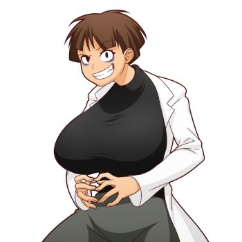 1girl animification breasts brown_hair cleavage evil_grin evil_smile genderswap grin heinz_doofenshmirtz lab_coat long_sleeves looking_at_viewer mike_inel pants phineas_and_ferb shirt short_hair smile solo teeth