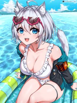1girl absurdres ahoge animal_ear_fluff animal_ears arm_support bikini black_hoodie blue_eyes blue_sky breasts cat_ears cat_girl cat_tail cleavage collarbone commentary day eyewear_on_head frilled_bikini frills highres hood hoodie inflatable_raft large_breasts long_sleeves looking_at_viewer off_shoulder open_clothes open_hoodie open_mouth original outdoors pink-framed_eyewear riro_(breakthrough_rr) semi-rimless_eyewear short_hair sitting sky smile solo sunglasses swimsuit tail thigh_strap under-rim_eyewear upper_body water white_background white_hair