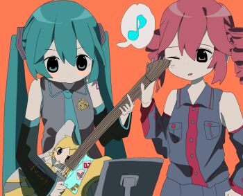 Rule 34 | 2girls, aqua eyes, aqua hair, bare shoulders, detached sleeves, drill hair, grey vest, guitar, hair between eyes, hashtag-only commentary, hatsune miku, highres, holding, holding guitar, holding instrument, instrument, kasane teto, long hair, multiple girls, musical note, one eye closed, open mouth, orange background, red hair, simple background, twin drills, twintails, utau, uuuuua07, very long hair, vest, vocaloid