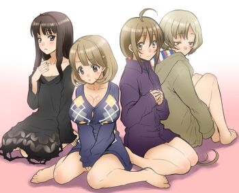 4girls :o ahoge aikawa_miyuu barefoot black_hair black_jacket blonde_hair blue_cardigan blush breasts brown_eyes brown_hair burgundy_hairband button_gap cardigan cosplay embarrassed gamon_yuuta gamon_yuuta_(cosplay) hair_ornament hairband hairclip hairpin hashigami_sarai hashigami_sarai_(cosplay) heart heart_hair_ornament huge_breasts hugging_own_legs jacket kisaki_asuna kneeling kusakabe_kiryuu kusakabe_kiryuu_(cosplay) looking_at_viewer looking_down moritsuka_shun moritsuka_shun_(cosplay) multiple_girls narrowed_eyes narusawa_ryouka occultic;nine open_mouth purple_hairband purple_shirt science_adventure shiny_skin shirt sidelocks simple_background sitting takano_(yotakanoyume) toenails toes tongue wariza white_shirt yellow_eyes