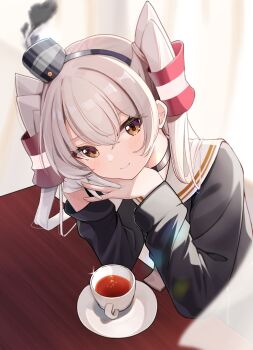 1girl absurdres amatsukaze_(kancolle) amatsukaze_kai_ni_(kancolle) breasts brown_eyes brown_serafuku choker coffee_mug cup gloves grey_hair head_rest highres jing_(947728534) kantai_collection looking_at_viewer mug sailor_collar school_uniform serafuku small_breasts solo twintails white_gloves white_sailor_collar