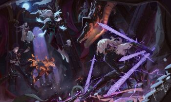 4boys 4girls armor arthur_leywin black_hair blonde_hair cecilia_(the_beginning_after_the_end) chul_(the_beginning_after_the_end) commentary commission curtains debris distortion dragon draneeve_(the_beginning_after_the_end) dress fire flying glowing glowing_eyes highres horns lightning mace mage_staff mawar_(the_beginning_after_the_end) melzri_vritra moon multiple_boys multiple_girls nico_sever noomuaz plant_roots purple_eyes purple_hair red_hair scales school_uniform staff sword sylvie_indrath tessia_eralith the_beginning_after_the_end viessa_vritra weapon white_hair