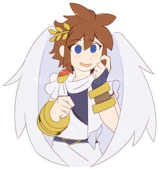 Rule 34 | 1boy, angel, angel wings, blue eyes, blush, brown hair, commentary, commission, cropped torso, english commentary, fauxpapillon, highres, kid icarus, laurel crown, looking at viewer, male focus, nintendo, pit (kid icarus), signature, simple background, solo, watermark, white background, wings