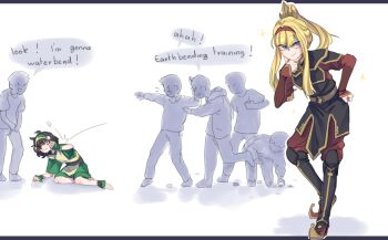 avatar:_the_last_airbender avatar_legends barefoot black_hair blonde_hair blue_eyes bullying character_request closed_mouth commentary cosplay cosplay_request dress english_commentary english_text erika_(popopoka) green_dress grey_eyes hairband hand_on_own_chin highres hitting injury letterboxed long_hair looking_at_viewer medium_hair one_eye_closed pants pelvic_curtain people pointing pointy_boots ponytail popopoka red_pants robe sash simple_background sitting smile sophie_(popopoka) standing tears throwing throwing_rock toph_beifong toph_beifong_(cosplay) tri_tails white_background