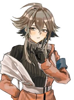 1girl absurdres ahoge arknights armband belt black_gloves black_sweater blue_armband blush brown_eyes brown_hair finger_to_mouth gloves grey_eyeliner hair_behind_ear hair_between_eyes hands_on_own_hips highres hood hoodie jacket light_smile looking_to_the_side mayer_(arknights) nose nun2o orange_jacket pointing ribbed_sweater short_hair_with_long_locks shushing simple_background solo sweater turtleneck turtleneck_sweater upper_body white_background white_belt yellow_hoodie