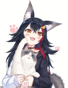 Rule 34 | 1girl, absurdres, animal, animal ear fluff, animal ears, animal hug, black choker, black hair, black hoodie, blush, cat, choker, commentary request, double-parted bangs, fang, flipped hair, hair ornament, hairclip, highres, holding, holding animal, hololive, hood, hoodie, long hair, long sleeves, looking at viewer, official alternate costume, ookami mio, ookami mio (hoodie), paw print, paw print background, playing with animal, red streaks, sidelocks, simple background, single hair streak, skin fang, solo, spiked hair, taiga (ookami mio), traveler (artbbt), two-tone hoodie, upper body, virtual youtuber, white background, white hoodie, wolf ears, yellow eyes