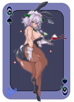 1girl :s absurdres alcohol animal_ears ass black_hair black_shoes blue_eyes blush border bow braid braided_sidelocks breasts brown_pantyhose card clenched_teeth cocktail_glass collar commentary_request cup doctor5648 drinking_glass fake_animal_ears fake_tail fishnet_pantyhose fishnets from_side gloves green_bow green_necktie grey_hair hair_between_eyes hair_bow heart highres holding holding_tray izayoi_sakuya large_breasts leotard leotard_peel maid_headdress medium_hair necktie open_mouth outline pantyhose playboy_bunny playing_card purple_background queen_(playing_card) queen_of_spades_(playing_card) rabbit_ears rabbit_tail raised_inner_eyebrows rounded_corners shoes short_necktie sideboob solo spade_(shape) spilling squiggle strapless strapless_leotard tail teeth thick_thighs thighs tiptoes touhou tray vautour_bleu_(path_to_nowhere) white_border white_collar white_gloves white_outline white_wrist_cuffs wine wine_glass wrist_cuffs