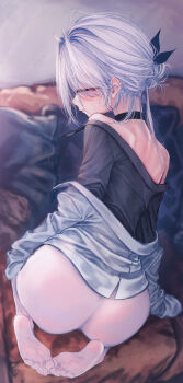 1girl ass bare_back bare_shoulders blush choker commentary_request embarrassed highres looking_at_viewer looking_back no_shoes original pantyhose red_eyes soles wakaba_(945599620) white_hair white_pantyhose