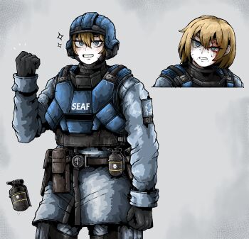 1girl ammunition_pouch belt blonde_hair blood blood_on_face blue_eyes bulletproof_vest clenched_hand explosive gloves grenade helldivers_(series) helmet highres military military_uniform octosoup original patch pouch salute seaf_soldier_(helldivers) short_hair simple_background smile soldier solo sparkle super_earth_salute_(helldivers) sweat teeth