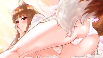 1girl absurdres animal_ear_fluff animal_ears ass blunt_bangs brown_hair closed_mouth eyelashes feet_out_of_frame hand_up head_rest highres holo kneepits long_sleeves looking_at_viewer lying miyakozuki no_pants on_side panties partially_visible_vulva red_eyes shirt solo spice_and_wolf tail thighs underwear white_panties white_shirt wolf_ears wolf_girl wolf_tail