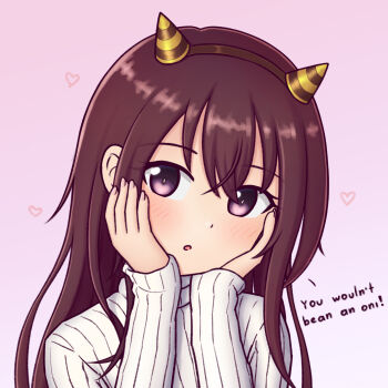 1girl brown_hair commentary_request cone_horns english_text fake_horns gradient_background hands_on_own_face highres horns kantai_collection kisaragi_(kancolle) kisaragi_(setsubun)_(kancolle) konato_k long_hair looking_at_viewer pink_background purple_eyes solo typo upper_body