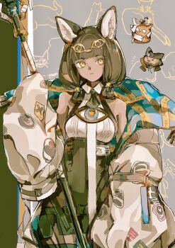 1girl animal_ears animalization arknights ash39 bare_shoulders black_thighhighs blunt_bangs brown_hair cat cat_ears cat_girl caution_tape chibi chinese_commentary closed_mouth commentary_request dark-skinned_female dark_skin grey_background head_chain highres holding holding_staff jacket jewelry keep_out long_hair long_sleeves looking_at_viewer oversized_jacket papyrus_(arknights) pepe_(arknights) puffy_long_sleeves puffy_sleeves sleeve_belt solo staff thighhighs titi_(arknights) yellow_eyes