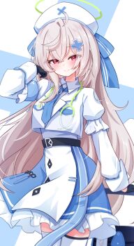 1girl baram beatrixa_(stella_sora) black_gloves blue_skirt brown_hair closed_mouth collared_shirt commentary_request frilled_skirt frills gloves hair_between_eyes half_gloves halo hand_up hat highres jacket layered_sleeves long_hair long_sleeves looking_at_viewer nurse nurse_cap puffy_short_sleeves puffy_sleeves red_eyes riot_shield shield shirt short_over_long_sleeves short_sleeves skirt smile solo stella_sora thighhighs very_long_hair white_hat white_jacket white_shirt white_thighhighs