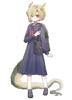 1girl alternate_costume antlers bag black_bag black_sailor_collar black_serafuku black_shirt black_skirt blonde_hair blush dragon_girl dragon_tail full_body highres horns kicchou_yachie long_sleeves looking_at_viewer mary_janes neckerchief red_eyes red_neckerchief sailor_collar school_bag school_uniform serafuku shirt shoes short_hair simple_background skirt slit_pupils socks standing tail touhou turtle_shell white_background white_socks yuejinlin