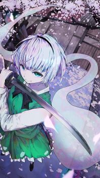 1girl absurdres black_bow black_bowtie black_hairband black_shoes bow bowtie cherry_blossoms commentary falling_petals gate green_eyes green_skirt green_vest grey_hair hairband highres hitodama holding holding_sword holding_weapon katana konpaku_youmu konpaku_youmu_(ghost) long_sleeves outdoors petals shirt shoes short_hair skirt skirt_set solo sword touhou vest weapon white_shirt yuara