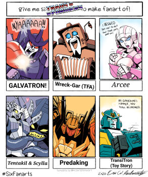 arcee arm_cannon blue_eyes breasts covering_breasts covering_privates english_text eric_w_schwartz galvatron helmet highres large_breasts mecha multiple_drawing_challenge pink_lips predaking red_eyes robot robot_girl scylla_(transformers) six_fanarts_challenge tentacles transformers transformers:_generation_1 transformers_animated transitron weapon wreck-gar yellow_eyes
