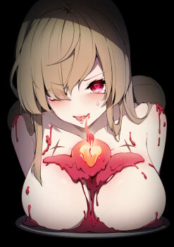 1girl araga_kiwi armpit_crease black_background blush breasts breasts_on_tray brown_hair bun_ends candle candle_wax chest_tattoo chiaroscuro collarbone commentary_request eyes_visible_through_hair fang fire hair_bun hair_over_one_eye hair_over_shoulder heart heart-shaped_pupils highres ilovethelife large_breasts leaning_forward long_bangs long_hair looking_at_viewer mahou_shoujo_ni_akogarete mole mole_under_eye nude parted_bangs parted_lips red_eyes red_pupils saliva simple_background skin_fang star_(symbol) star_tattoo sweatdrop symbol-shaped_pupils tattoo tearing_up tongue tongue_out twintails upper_body v-shaped_eyebrows wax_play