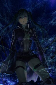 1girl abstract_background black_jacket black_order_uniform black_shorts blue_background breasts collared_jacket cross d.gray-man earrings emblem floating_hair front_zipper green_hair hair_between_eyes jacket jewelry lenalee_lee long_hair long_sleeves looking_at_viewer medium_breasts miniskirt multicolored_jacket njiyaaa parted_lips purple_eyes purple_skirt shorts sidelocks skirt sleeves_past_wrists solo striped_background striped_clothes striped_jacket stud_earrings thigh_strap thighs twintails two-tone_jacket vertical-striped_clothes vertical-striped_jacket white_jacket wide_sleeves zipper
