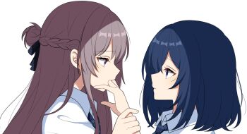2girls black_necktie blue_eyes blue_hair brown_hair collared_shirt commentary eye_contact finger_in_another's_mouth hashtag-only_commentary highres hiruver holding_another's_wrist long_hair looking_at_another medium_hair miyagi_shiori multiple_girls necktie parted_lips purple_eyes sendai_hazuki shirt shuuniichido_classmate_wo_kau_hanashi simple_background white_background white_shirt yuri