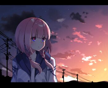 1girl 2019 absurdres blue_eyes character_request cloud cloudy_sky commentary_request copyright_request highres looking_to_the_side pink_hair shirt sky solo sunset tag zoirun