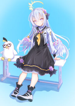 1girl arm_support azusa_(blue_archive) black_dress black_ribbon black_sailor_collar black_socks blue_archive blue_background blush closed_mouth commentary_request crescent_halo crossed_bangs dress dress_flower feathered_wings film_grain flower frilled_dress frilled_sailor_collar frills full_body hair_between_eyes hair_flower hair_ornament hair_ribbon halo highres leaning_back long_hair long_sleeves looking_at_viewer low_wings neckerchief on_bench open_clothes open_shirt peroro_(blue_archive) pink_flower purple_eyes purple_flower ribbon sailor_collar school_uniform serafuku shadow shirt shoes silisino simple_background sitting smile socks solo split_mouth stuffed_animal stuffed_toy tongue tongue_out very_long_hair white_hair white_shirt white_shoes white_wings wing_flower wings yellow_halo yellow_neckerchief