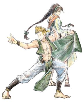 1boy 1girl abs alfyn_greengrass barefoot blonde_hair braid braided_twintails closed_mouth commentary_request dress fighting_stance green_dress highres long_hair low-tied_long_hair octopath_traveler octopath_traveler_i pants pelvic_curtain primrose_azelhart qqqqqli short_hair smile standing toes v-shaped_eyebrows white_pants