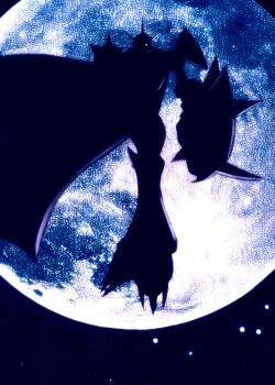 Rule 34 | cape, commentary, digimon, digimon (creature), english commentary, full body, full moon, highres, hudie jun, mecha, midair, moon, night, omegamon, robot, shoulder spikes, silhouette, spikes