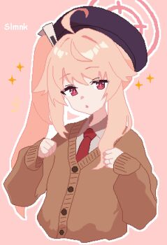1girl ahoge beret blue_archive brown_cardigan cardigan choppy_bangs cropped_torso halo hashtag-only_commentary hat highres long_hair long_sleeves looking_at_viewer natsu_(blue_archive) necktie open_mouth pink_background pink_hair pink_halo pixel_art purple_hat red_eyes red_necktie side_ponytail simple_background slmnk10124 solo sparkle