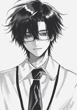 1boy absurdres character_request closed_mouth collared_shirt copyright_request glasses greyscale hashtag-only_commentary highres looking_at_viewer male_focus mole mole_under_eye monochrome necktie parted_hair shirt short_hair simple_background smile solo sushisushi_iiii upper_body white_background wing_collar