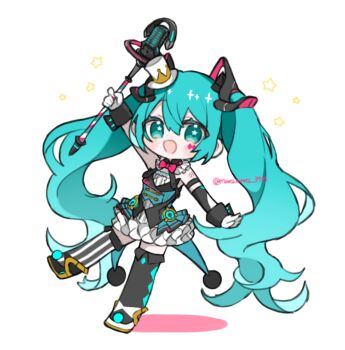 1girl black_dress black_thighhighs commentary_request dress green_eyes green_hair hair_between_eyes hatsune_miku highres long_hair looking_at_viewer magical_mirai_(vocaloid) magical_mirai_miku magical_mirai_miku_(2019) maro_maro_3939 microphone simple_background smile solo star_(symbol) thighhighs twintails very_long_hair vocaloid white_background