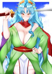Rule 34 | 1girl, arm up, blue hair, blue sky, blush, border, breasts, cleavage, closed mouth, cloud, day, dot nose, dragon girl, expressionless, eyebrows, feet out of frame, female focus, green kimono, hand on own hip, holding, holding sword, holding weapon, huge breasts, japanese clothes, kimono, light blue hair, loincloth, long hair, looking at viewer, off-shoulder kimono, off shoulder, orange eyes, pipienpippi, purple kimono, red loincloth, red sash, red scarf, sash, scarf, sky, solo, standing, sword, tomoe (tsuki ga michibiku isekai douchuu), tsuki ga michibiku isekai douchuu, two-tone kimono, two-tone loincloth, very long hair, weapon, white border, white loincloth, wide hips