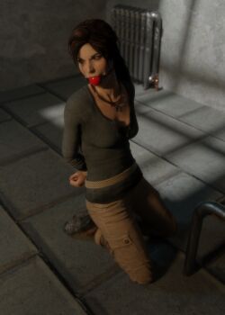 1girl 3d arms_behind_back ass ball_gag bdsm bondage bound bound_ankles bound_wrists breasts brown_eyes brown_hair gag gagged hogtie iorel-renders jewelry lara_croft necklace rope tomb_raider