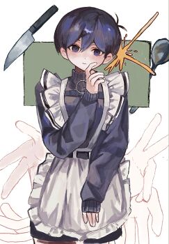 1boy \||/ alternate_costume antenna_hair apron belt black_belt black_eyes black_hair black_jacket black_shorts blush border chinese_commentary closed_mouth commentary_request cowboy_shot double-parted_bangs empty_eyes enmaided extra_arms finger_to_own_chin frilled_apron frills frying_pan green_background hair_behind_ear hair_between_eyes hand_up head_tilt highres jacket jersey_maid kitchen_knife knife light_frown long_sleeves looking_at_viewer maid maid_apron male_focus omori outside_border puffy_long_sleeves puffy_sleeves short_hair shorts simple_background sleeves_past_wrists solo standing straight-on sunny_(omori) tokkooyaku track_jacket turtleneck turtleneck_jacket unconventional_maid very_short_hair waist_apron white_apron white_border