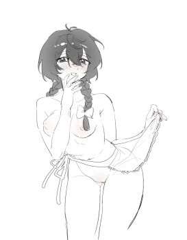 1girl apron blush bow braid breasts clothes_lift collarbone ele_fudiann ensemble_stars! genderswap genderswap_(mtf) greyscale hair_between_eyes hair_bow hair_over_shoulder hand_to_own_mouth highres inverted_nipples leaning_forward long_hair looking_at_viewer medium_breasts monochrome navel open_mouth pussy sakuma_ritsu simple_background sketch skirt skirt_lift smile solo twin_braids waist_apron white_background