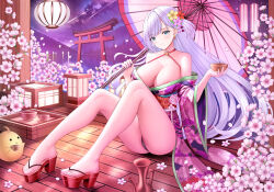 Rule 34 | 1girl, alternate costume, areola slip, ass, azur lane, bare shoulders, black panties, blue eyes, breasts, chrysanthemum print, cleavage, floral print, floral print kimono, flower, full body, hair flower, hair ornament, highres, holding, japanese clothes, kimono, large breasts, long sleeves, looking at viewer, manjuu (azur lane), o-ring, oil-paper umbrella, panties, pink flower, pink umbrella, platform footwear, purple kimono, red flower, shoukaku (azur lane), sitting, solo, tina (tinafya), torii, umbrella, underwear, white hair, wide sleeves, wooden floor, yellow flower