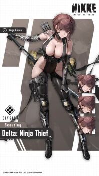 1girl animated arm_tattoo audible_speech black_boots black_gloves boots bouncing_breasts braid breasts brown_eyes brown_hair character_name clothing_cutout curvy delta_(nikke) delta_(ninja_thief)_(nikke) elbow_gloves english_audio gloves goddess_of_victory:_nikke gun hair_between_eyes high_heel_boots high_heels highres hip_vent holding holding_gun holding_weapon impossible_clothes large_breasts light_machine_gun logo looking_at_viewer m249_saw machine_gun official_alternate_costume official_art revealing_clothes ryona sheath sheathed shiny_skin short_hair sound sword tagme talking tattoo torn_clothes video weapon wide_hips zoom_layer