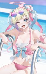 Rule 34 | 1girl, 504 gateway, absurdres, bare shoulders, beach, bikini, blonde hair, blue bow, blue eyes, bow, breasts, chouzetsusaikawa tenshi-chan, cleavage, eyewear on head, gradient hair, hair bow, halo, heart, heart-shaped eyewear, highres, jewelry, looking at viewer, medium breasts, multicolored hair, multiple hair bows, needy girl overdose, one eye closed, open mouth, outdoors, pink bikini, pink halo, quad tails, ring, sitting, smile, solo, swimsuit, tinted eyewear