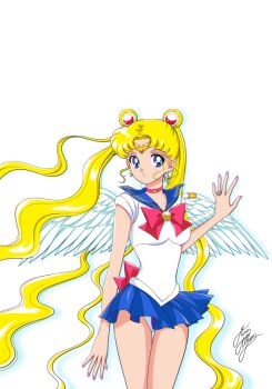 1girl bishoujo_senshi_sailor_moon bishoujo_senshi_sailor_moon_(first_season) blonde_hair blue_eyes blue_sailor_collar choker circlet cowboy_shot crescent crescent_earrings double_bun earrings female_focus hair_bun jewelry leotard leotard_peek long_hair magical_girl marco_albiero miniskirt nail_polish pink_nails pleated_skirt ring sailor_collar sailor_moon sailor_senshi_uniform signature simple_background skirt solo tsukino_usagi twintails very_long_hair white_background wings