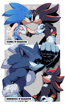 2boys bara biceps black_fur blue_fur character_name clenched_hands clenched_teeth closed_mouth commentary english_commentary english_text furry furry_male gareki_sh grin heart hedgehog_boy highres kabedon looking_at_another male_focus multiple_boys multiple_views muscular muscular_male shadow_the_hedgehog smile sonic_(series) sonic_the_hedgehog sonic_the_werehog sweatdrop teeth werehog yaoi