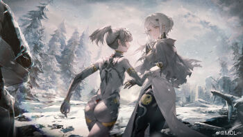 2girls absurdres ass black_pantyhose bodysuit from_behind grabbing_another&#039;s_arm grey_bodysuit grey_cloak grey_hair grey_sky haicma:_starveil_(pgr) haicma_(pgr) hair_bun highres medium_hair mol-- multiple_girls nanami:_starfarer_(pgr) nanami_(pgr) outdoors overcast pantyhose pine_tree ponytail profile punishing:_gray_raven sky snow snow_on_tree snowing tree watermark weibo_watermark white_hair yellow_eyes