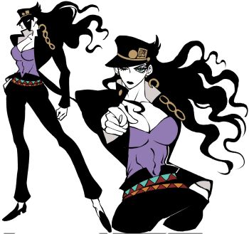 1girl belt black_coat black_hair black_pants black_shoes breasts chain clamchowder55 cleavage coat commentary_request flat_color gakuran genderswap genderswap_(mtf) gold_chain green_eyes hat high_collar highres jojo_no_kimyou_na_bouken jojo_pose korean_commentary kujo_jotaro&#039;s_pose kuujou_joutarou large_breasts long_coat long_hair long_sleeves multiple_belts multiple_views narrow_waist no_nose one_eye_closed pants peaked_cap pointing pointing_at_viewer purple_shirt school_uniform shirt shoes simple_background solo stardust_crusaders white_background