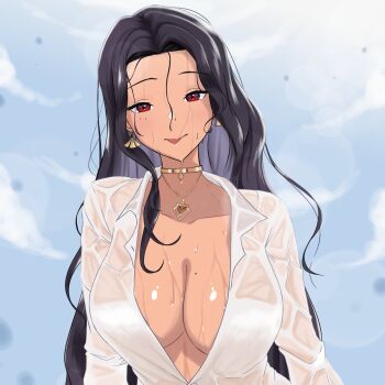 1girl :p black_hair blue_sky breasts choker cleavage cloud collarbone collared_shirt dark-skinned_female dark_skin dress_shirt earrings gold_choker gold_necklace highres jewelry large_breasts long_hair looking_at_viewer mole mole_on_breast mole_under_eye multiple_moles naked_shirt necklace nijisanji nijisanji_en no_bra open_clothes open_shirt partially_unbuttoned red_eyes scarle_yonaguni scarle_yonaguni_(1st_costume) seductive_smile see-through_clothes see-through_shirt shirt sky smile solo tongue tongue_out upper_body very_long_hair virtual_youtuber water_drop wavy_hair wet wet_clothes wet_hair wet_shirt white_shirt yarashi_thought